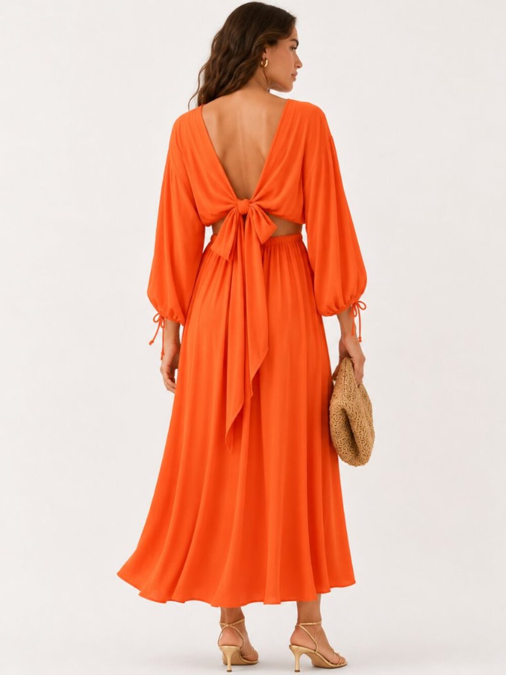 Three Graces London Shelby Gathered Crepe Midi Dress Orange Bow Back Size M